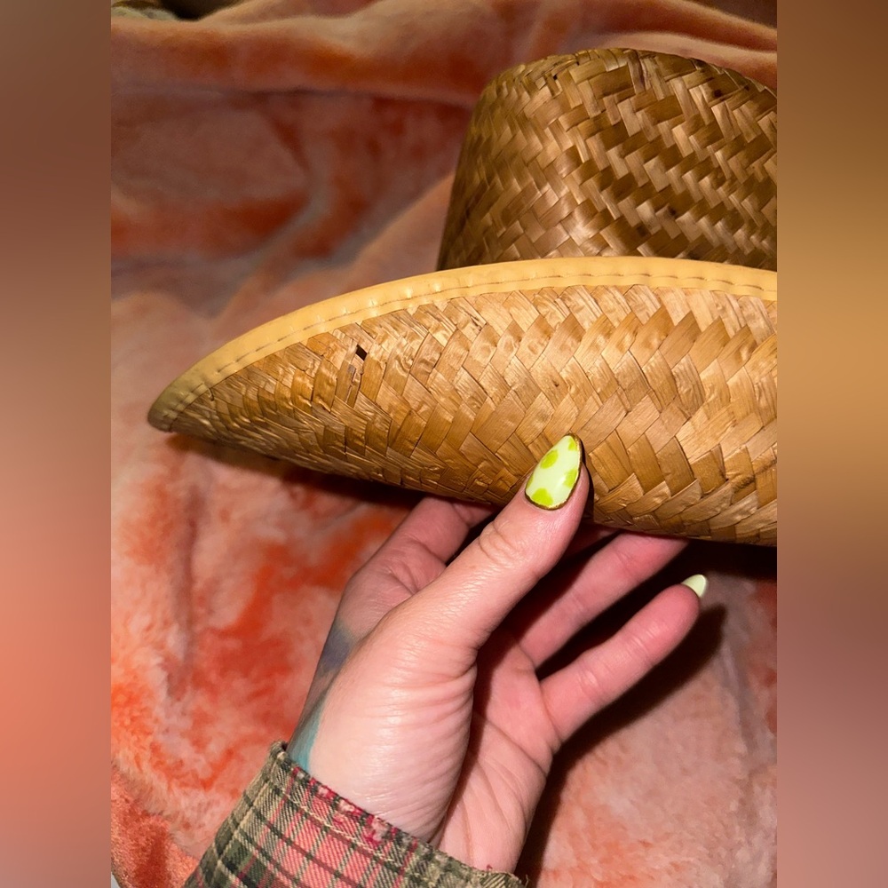 Hand Woven Straw Cowboy Hat Green Leather Band Featuring Feathers - Picture 8 of 15